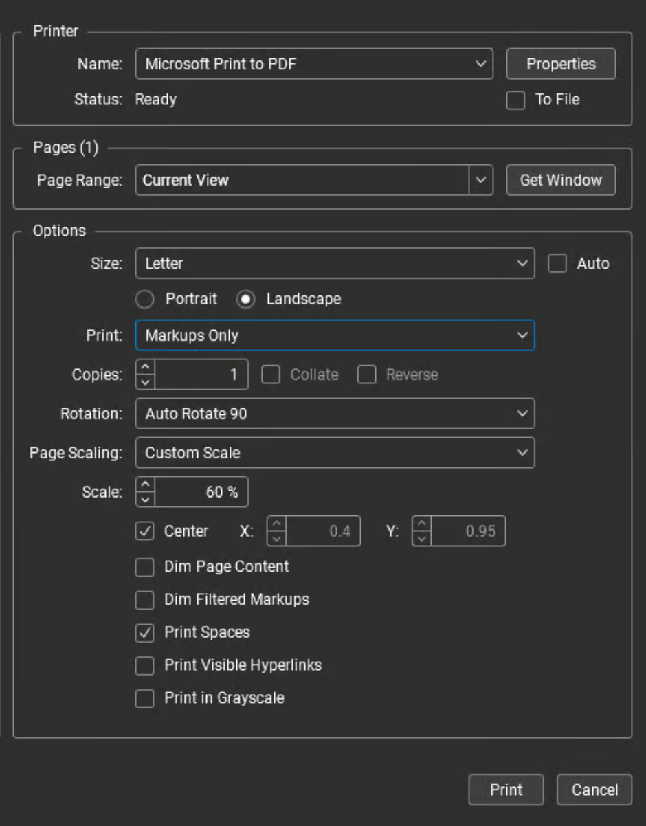 Select the Microsoft Print to PDF or Bluebeam PDF option in the Print dialog of Bluebeam