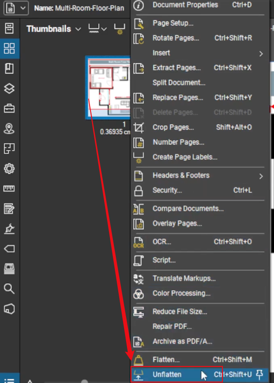 Select the Unflatten option in Bluebeam