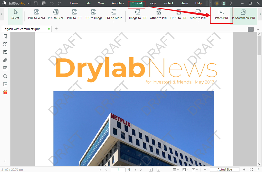 Click Convert and select the Flatten PDF option in SwifDoo PDF