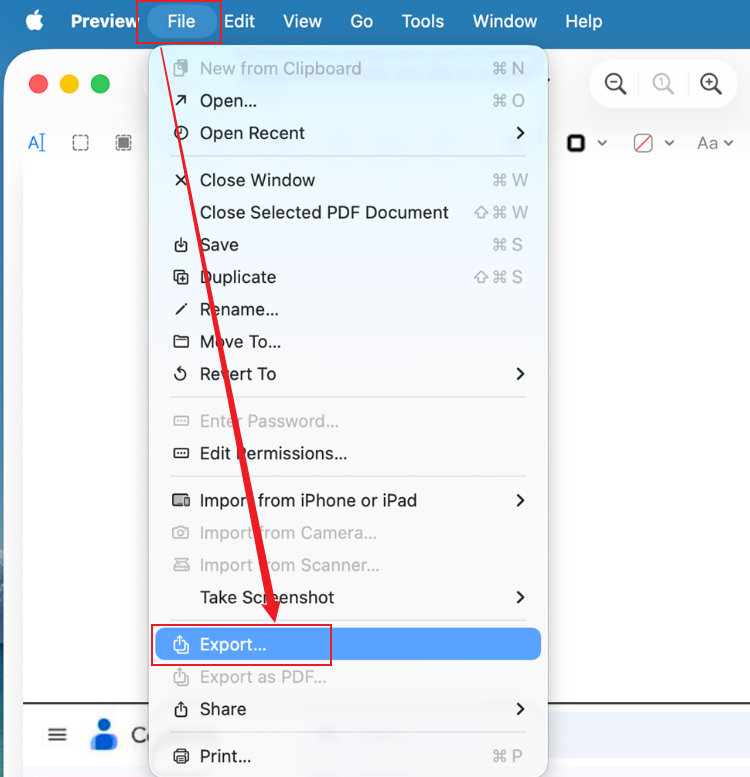 Click File and select the Export option in Preview