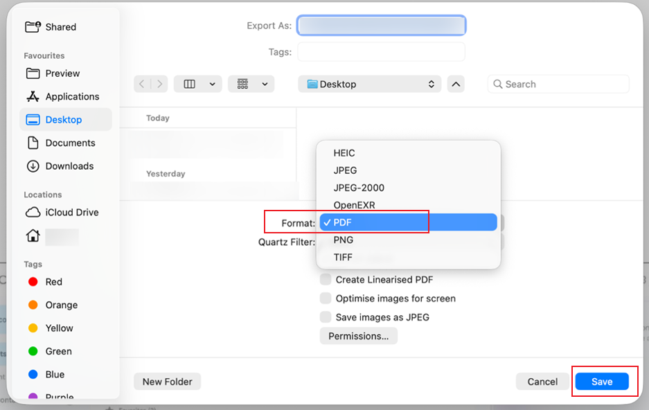 Open the Format list and choose PDF in Preview