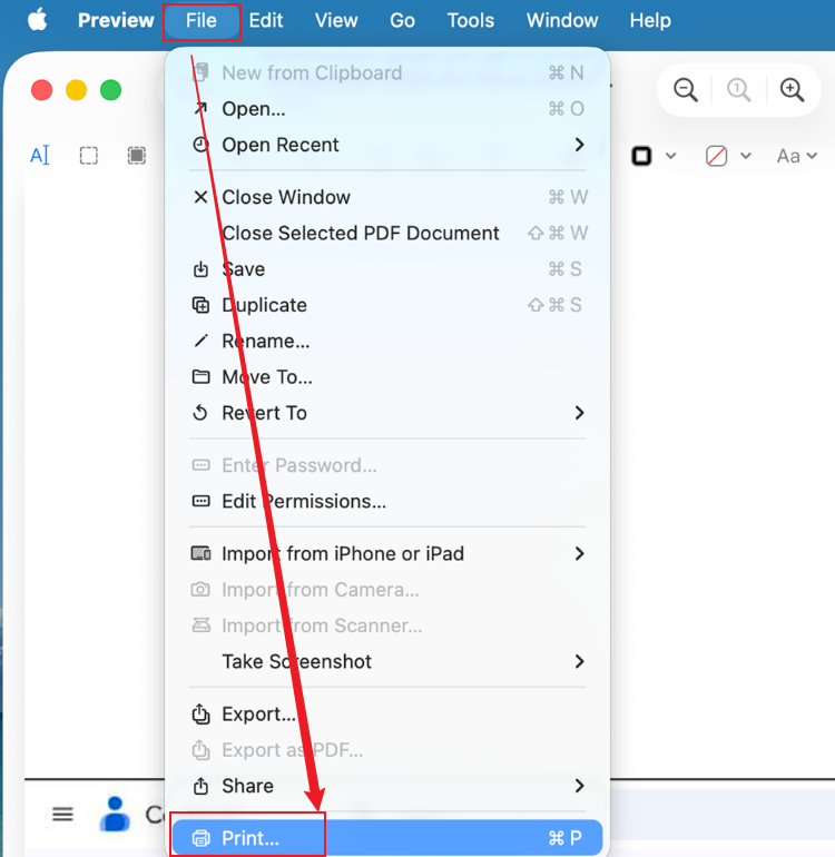 Click File and select Print in Preview