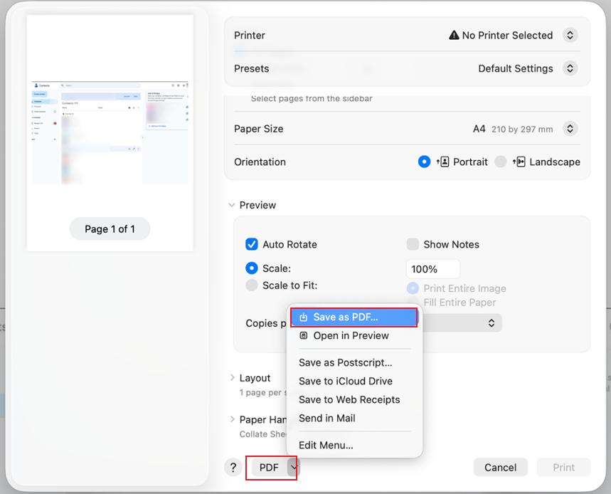 Click the PDF option and select the Save as PDF option in Preview