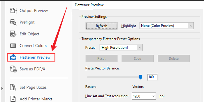 Click the Flattener Preview option in Adobe Acrobat Pro