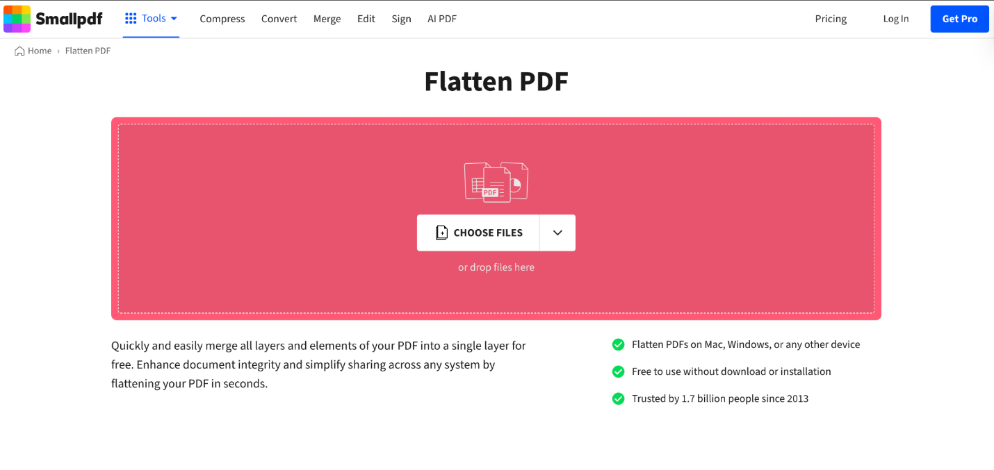 Click CHOOSE FILES to upload the PDF you want to flatten in Smallpdf
