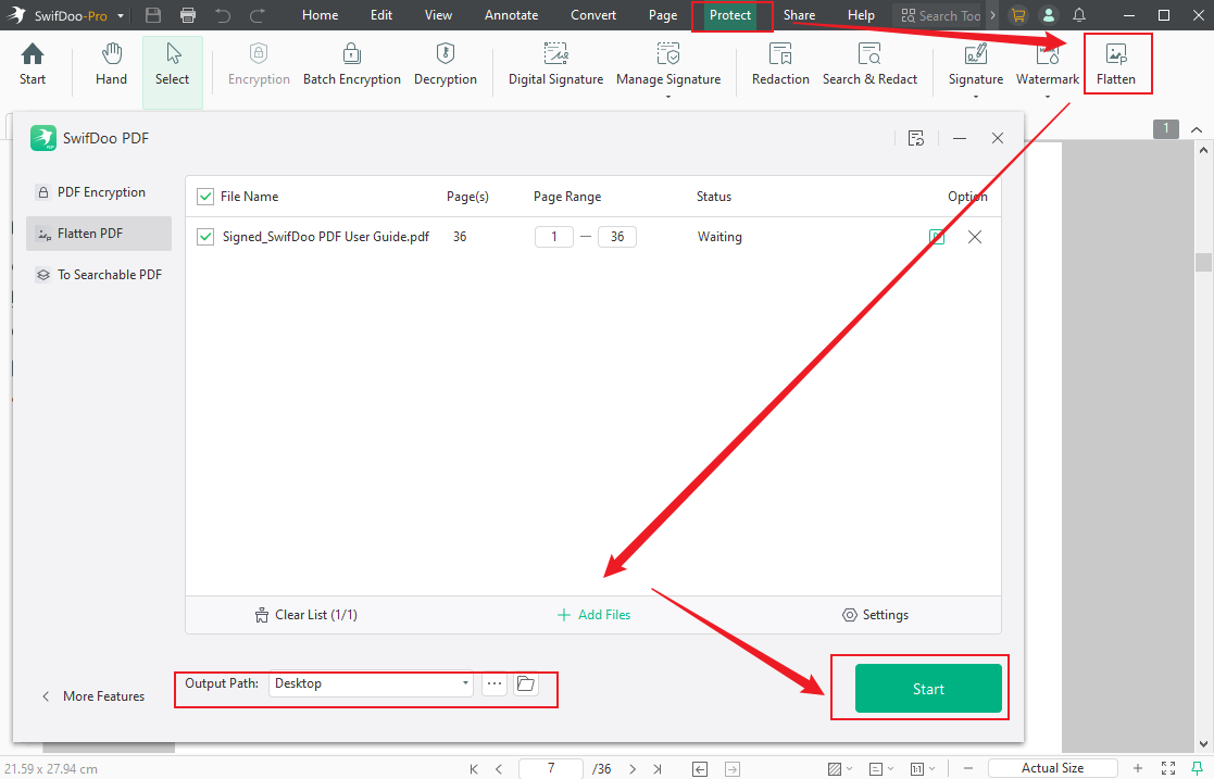 Select the Flatten option under the Protected tab to flatten a PDF in SwifDoo PDF