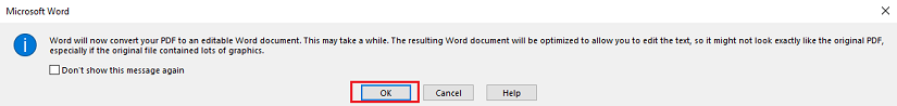 Click OK to transform the scanned PDF to Word in Microsoft Word