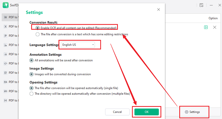 Enable OCR for the scanned PDF conversion in SwifDoo PDF