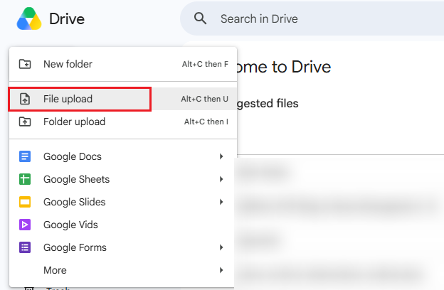 Click + New and select File upload to import the target scanned document into Google Drive