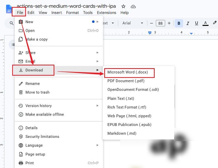 Move to Download and select Microsoft Word (.docx) in Google Docs