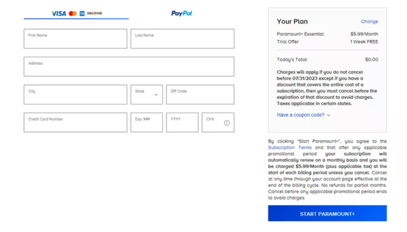 Select the payment method and click Start Paramount+