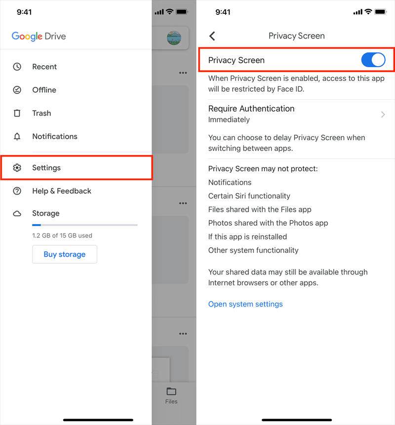 Turn on Privacy Screen in Google Drive