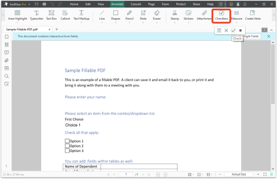 SwifDoo PDF add checkbox