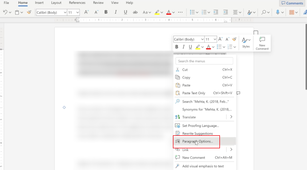 Right-click on the selected text and click Paragraph Options in Microsoft Word Online