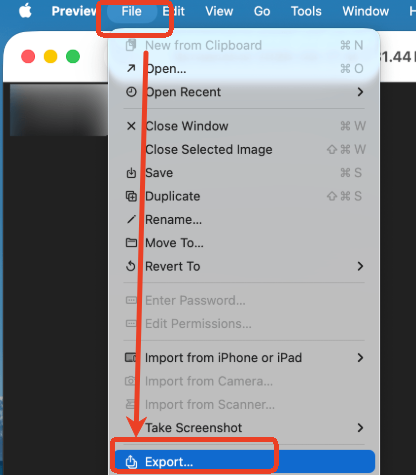 Click File and select the Export option in Preview