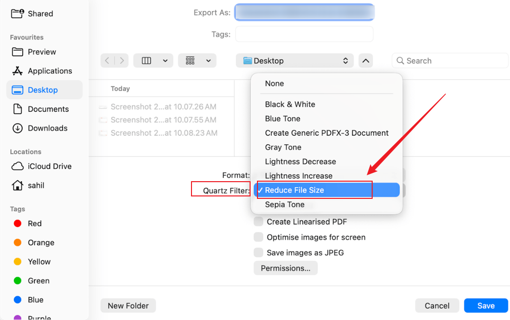 Expand the Quartz Filter list and select the Reduce File Size option in Preview