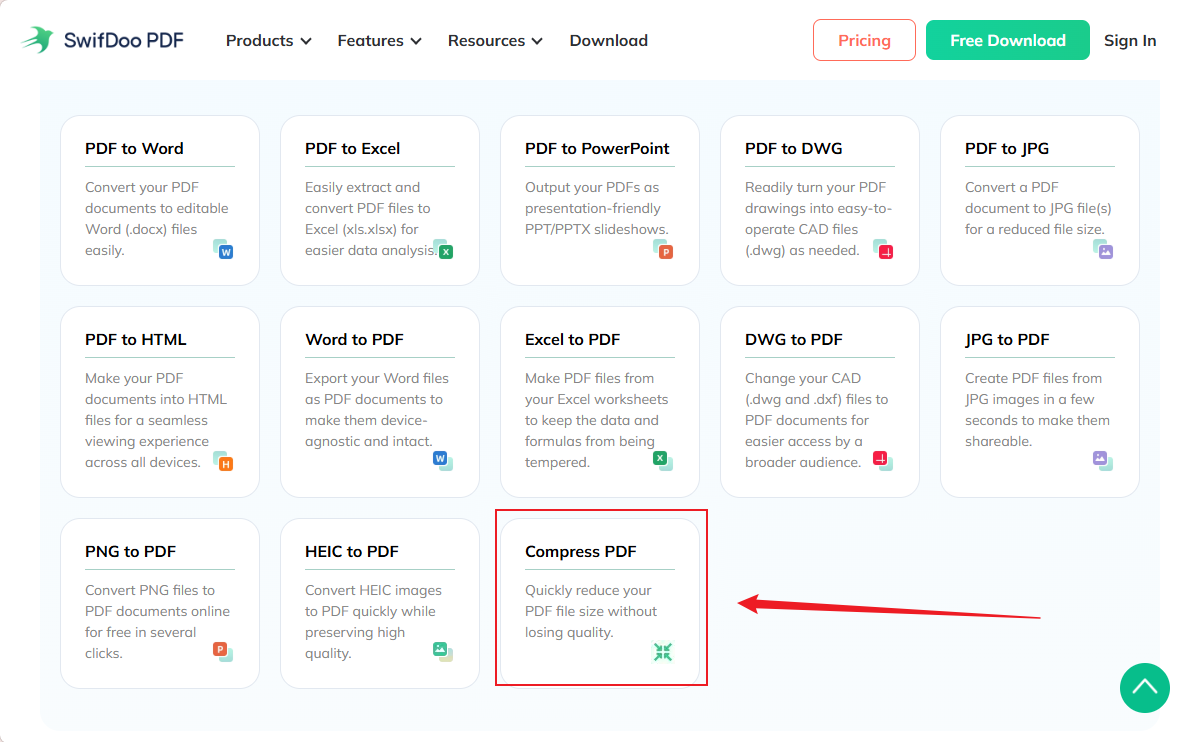 Click the Compress PDF option in SwifDoo PDF Online Converter