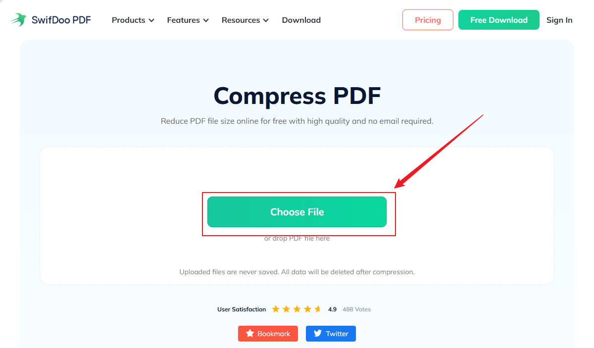 Click Choose File to upload the large PDF into SwifDoo PDF Online Converter