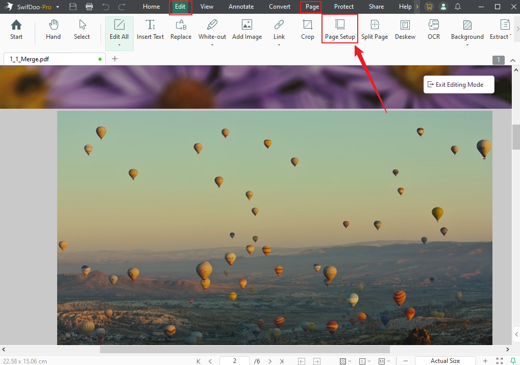 Choose the Page Setup option under the Edit tab in SwifDoo PDF