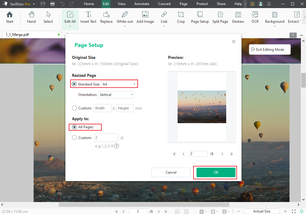 Choose the desired page size in the Standard Size list and tick the All Pages option in SwifDoo PDF