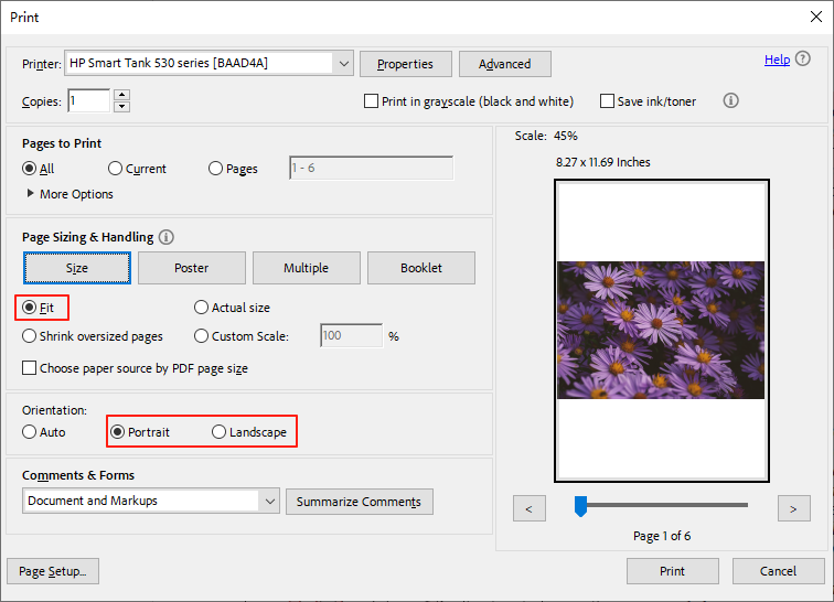 Choose the Fit option and set the needed page orientation in Adobe Acrobat