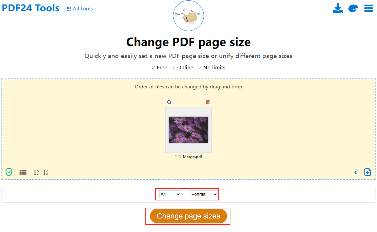 Set the page size and orientation in PDF24 Tools and click the Change page sizes button