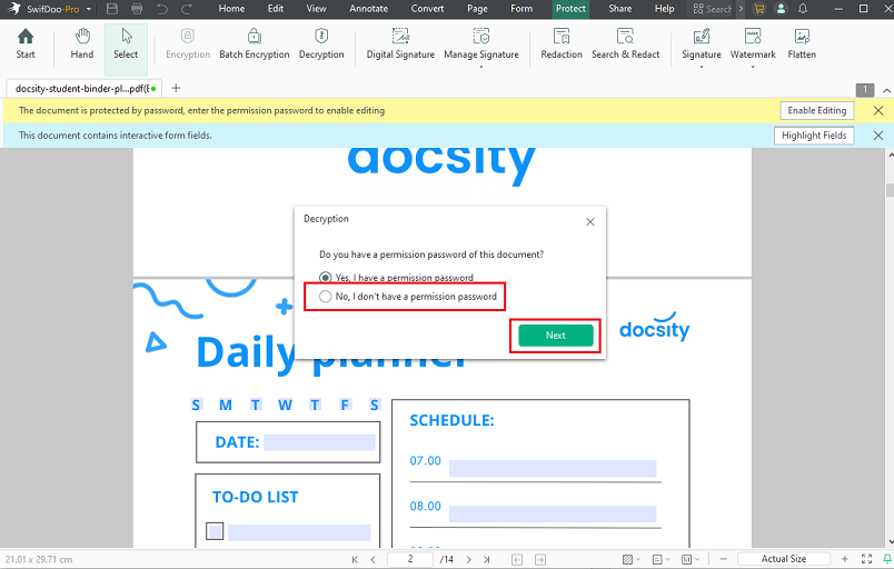 Open a locked PDF and remove restrictions for editing in SwifDoo PDF
