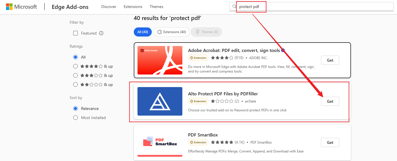 Search “protect PDF” in the search box of the Microsoft Edge Add-ons window