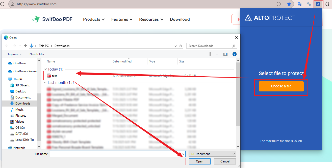 Click Choose a file to import the target PDF file into Alto Protect PDF Files by PDFfiller for password protection