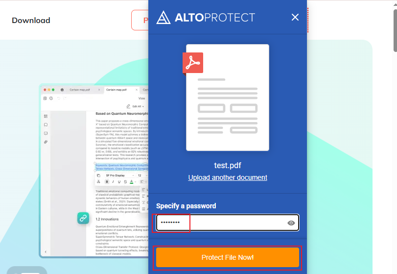 Enter the password and click Protect File Now in the Alto Protect PDF Files by PDFfiller add-on
