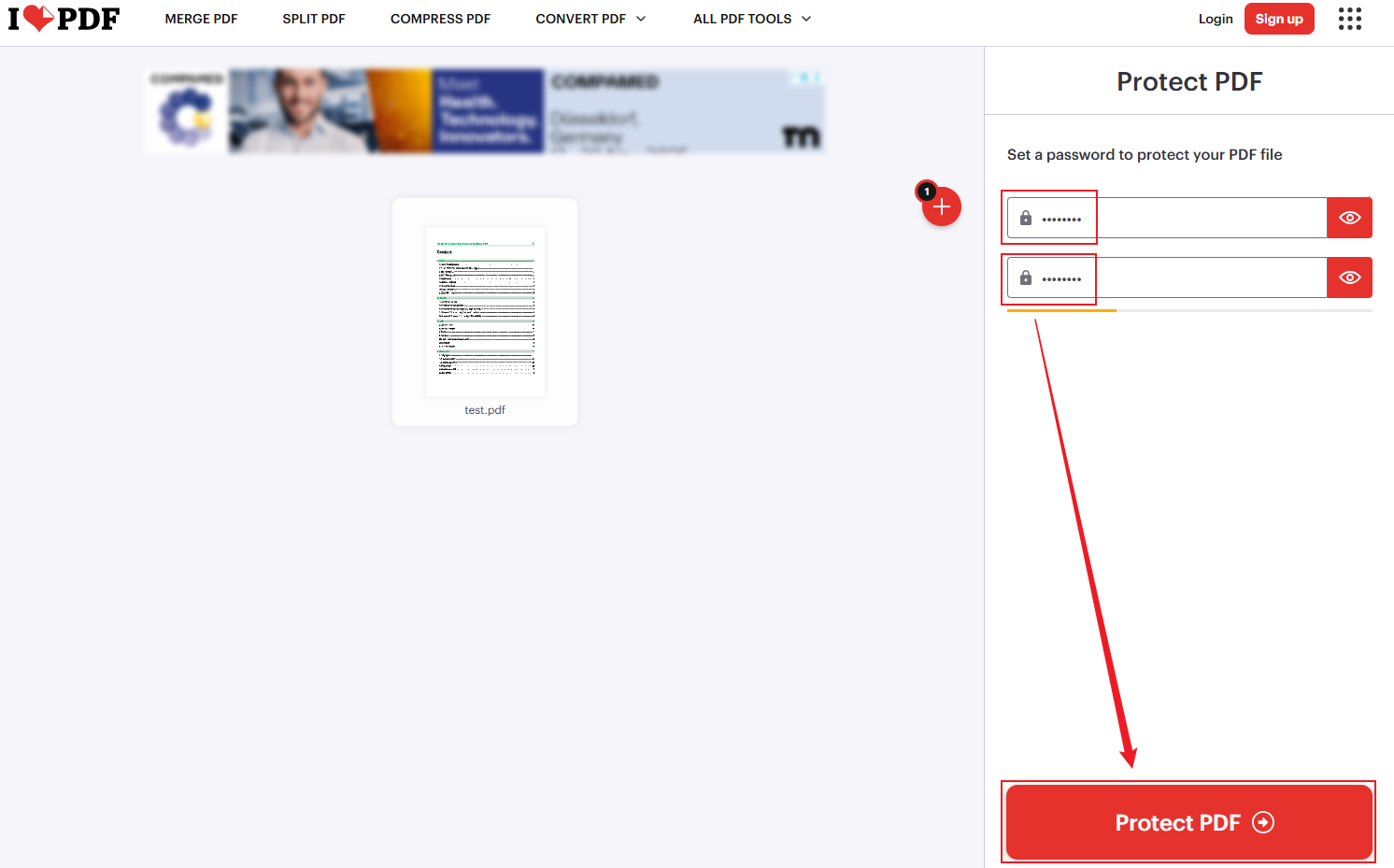Enter the password and click the Protect PDF button in iLovePDF