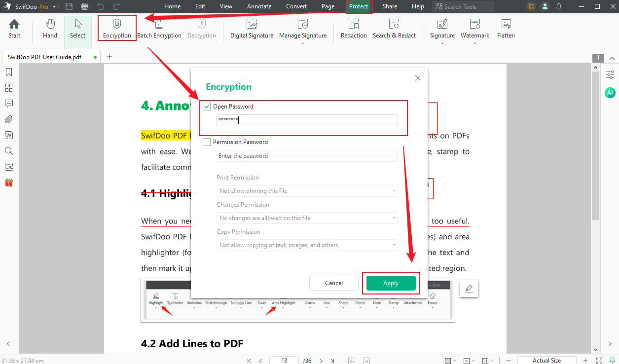 Tick the Open Password option to enter the password and click Apply in SwifDoo PDF