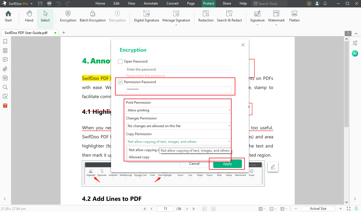 Choose the Permission Password option to enter the password and customize the permissions for PDF in SwifDoo PDF
