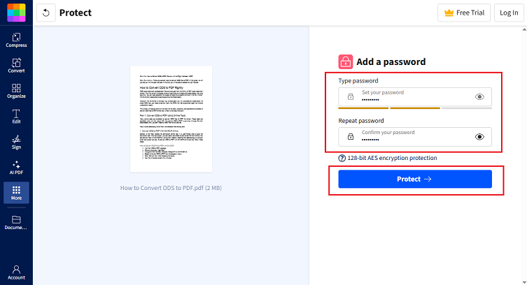 Enter the password and click Protect to lock a PDF in Smallpdf