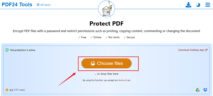 Click Choose files to upload the target PDF into PDF24 Tools