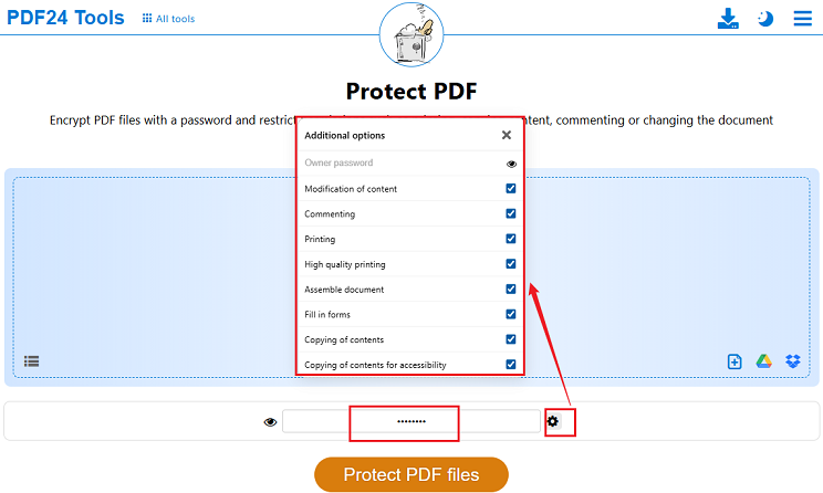 Enter the password and click the Settings icon to configure additional permissions in PDF24 Tools