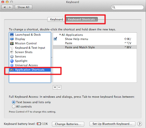Click Keyboard Shortcuts and select App Shortcuts