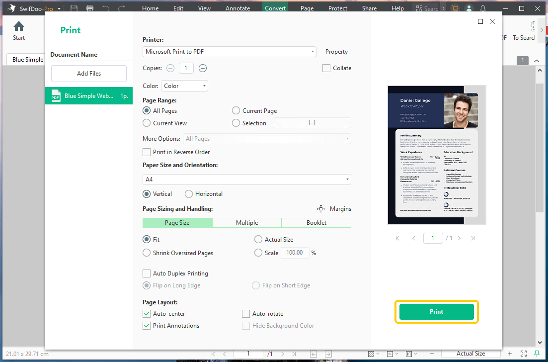 SwifDoo PDF Print Resume