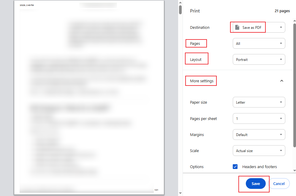 Choose the Save as PDF option and adjust other print settings for the ChatGPT conversation printing