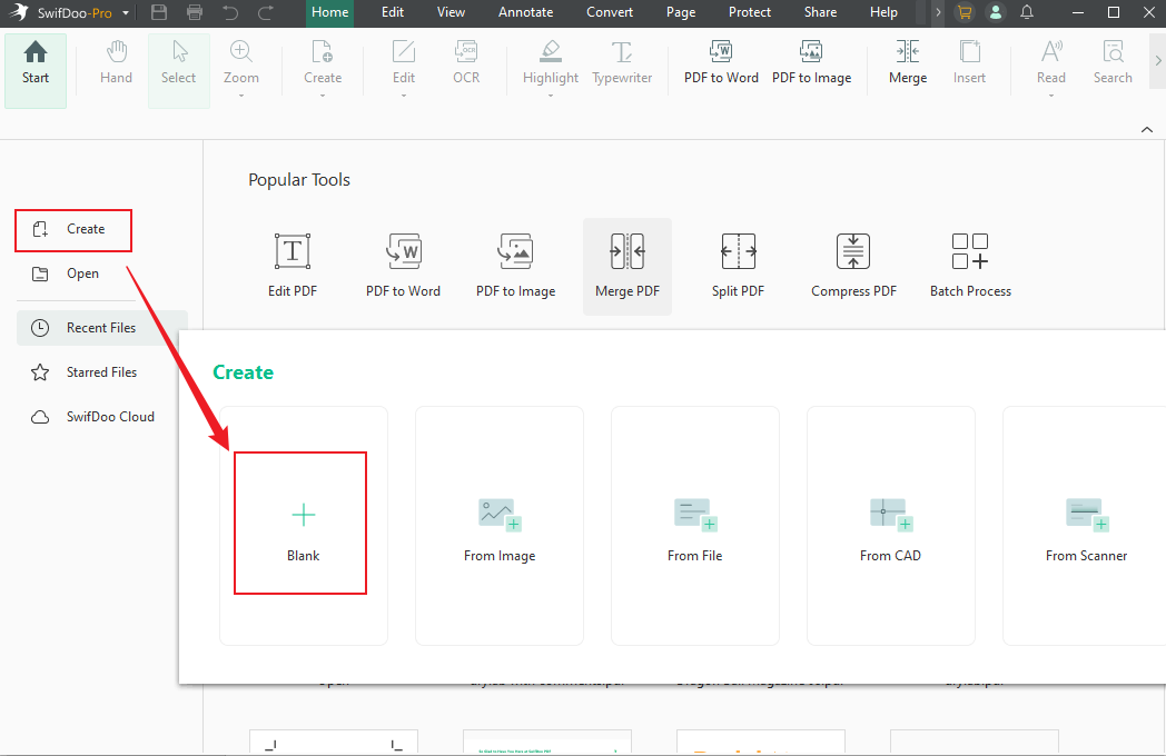 Click Create and select the Blank option in SwifDoo PDF