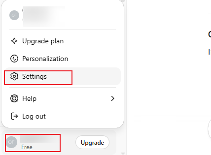 Click the profile icon and click Settings in ChatGPT