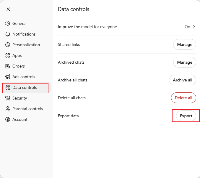 Go to Data Controls and click the Export option in ChatGPT