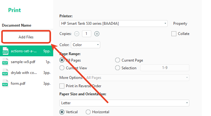 Click Add Files in the Print window of SwifDoo PDF to upload more files for batch printing