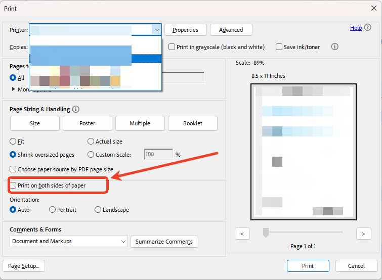 Select Print on both sided of paper in Adobe Acrobat Reader