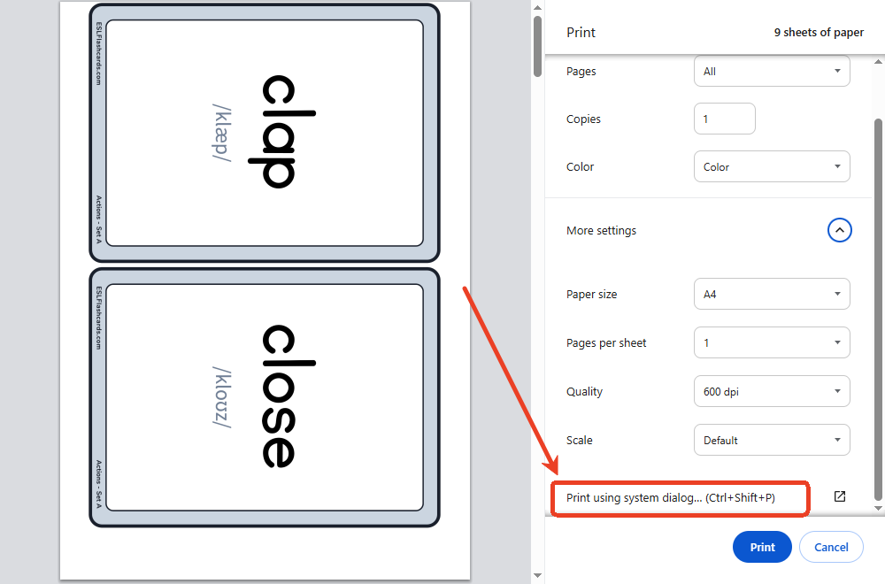 Click the link for “Print using system dialog” to set the duplex print settings in Chrome