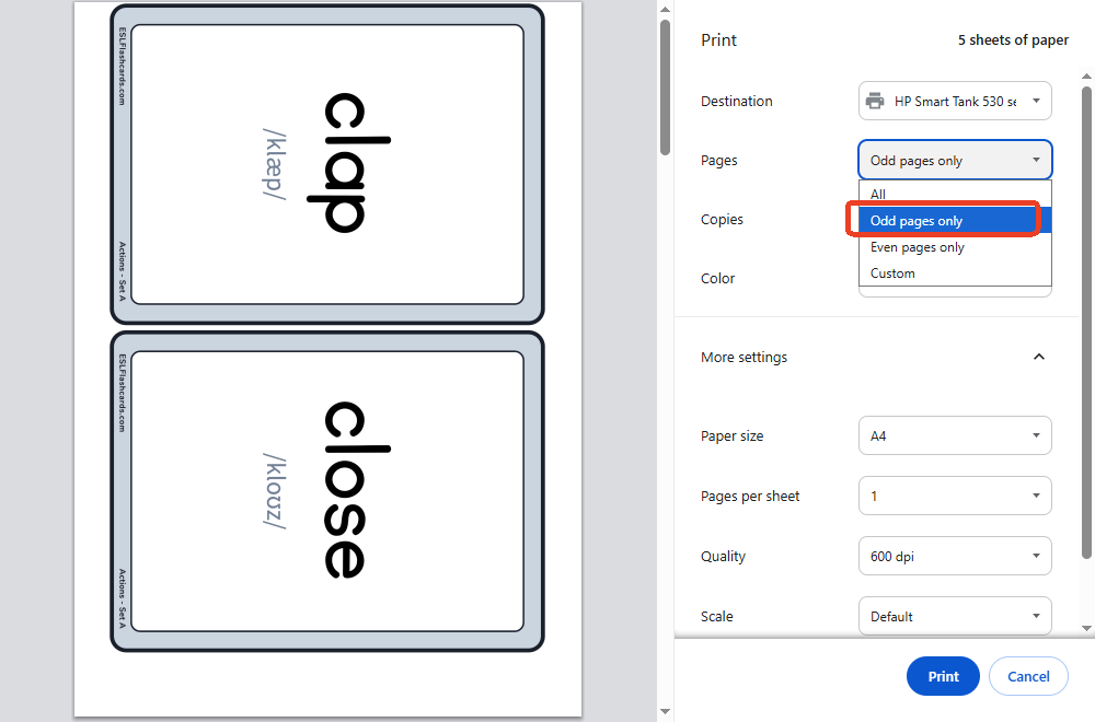 Select Odd pages only first for manual flashcard printing