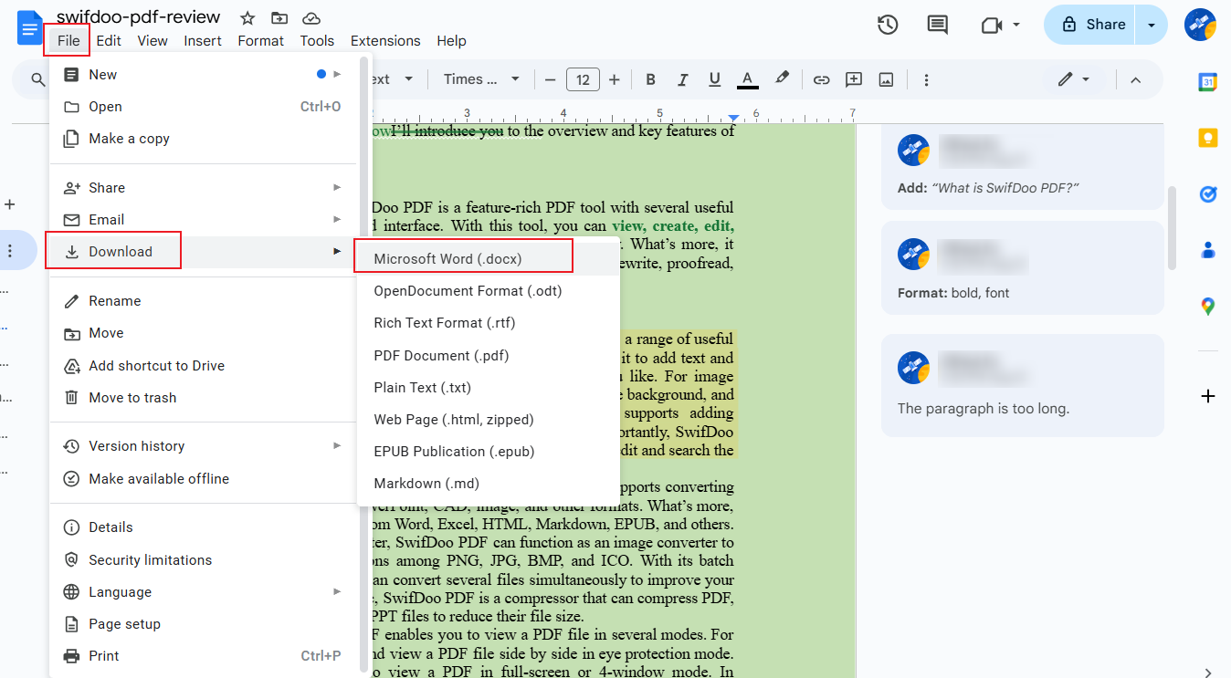 Click File and select to download the Google Doc file in Microsoft Word (.docx)