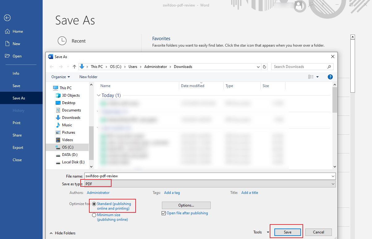 Save the Word file in PDF format in Microsoft Word