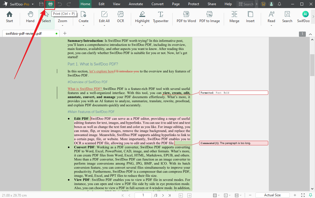 Click the Print icon in SwifDoo PDF