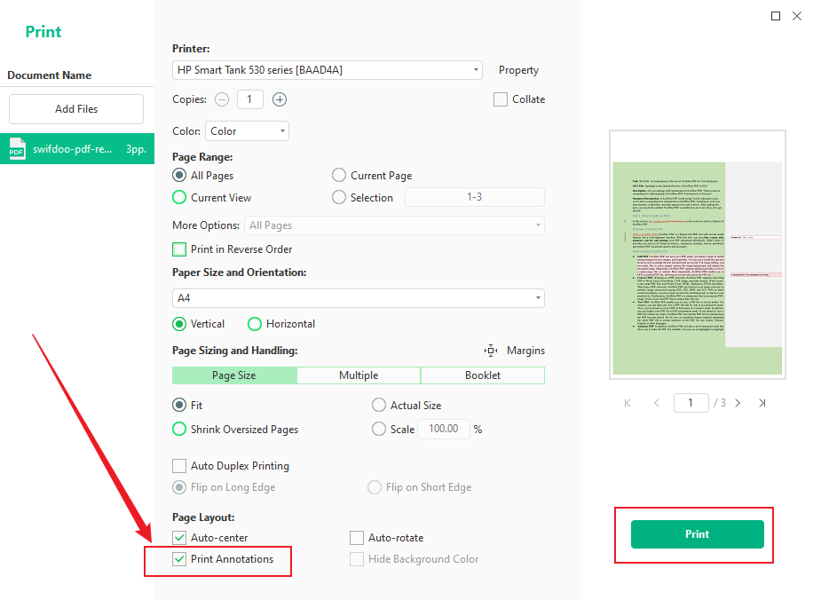 Tick the Print Annotations checkbox in SwifDoo PDF